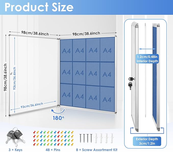 SWANCROWN Pins Bulletin Board Enclosed Lockable Noticeboard Glass Display Case for Home Office School,Blue Fabric,38"x38" (12xA4)-DeskLoop Office