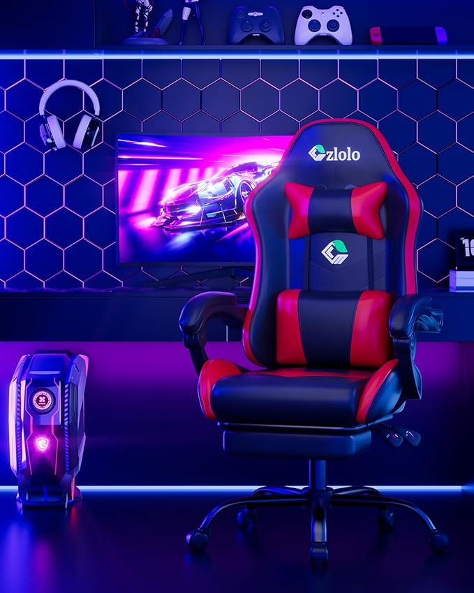 Gaming Chair, Ergonomic Office Computer Chair with Footrest and Lumbar Support Massager Racing Style High Back Video Gamer Chair, Wide&Thick Cushion, 90°-135° Recline, Adjustable Height, Red-DeskLoop Office