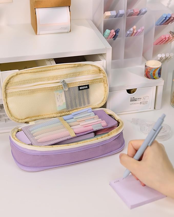 SKYDUE Cute School Supplies 44 PCS, Aesthetic Pencil Case with 12 Pastel Highlighters, 5 Black Gel Pens, 6 Color Gel Pens & Mechanical Pencils, College Essentials Students Stationary Set Purple-DeskLoop Office