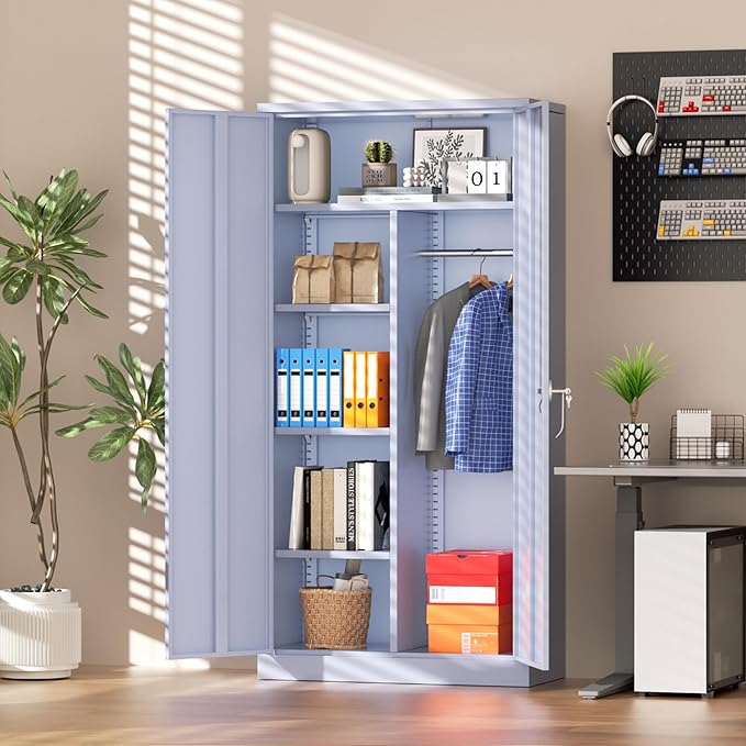 Greenvelly Metal Storage Wardrobe Cabinet with Lock, 72" Dark Grey Metal Wardrobe Closet for Hanging Clothes with Doors and Shelves, Modern Clothes Closet for Home, Office and Bedroom, School,Gym-DeskLoop Office