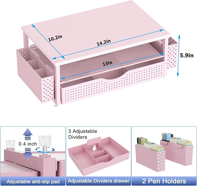 Desk Organizer and Accessories, Computer Monitor Stand Riser with Drawer and 2 Pen Holders, Office Desk Accessories & Workspace Organizers for Office Supplies (Pink)-DeskLoop Office