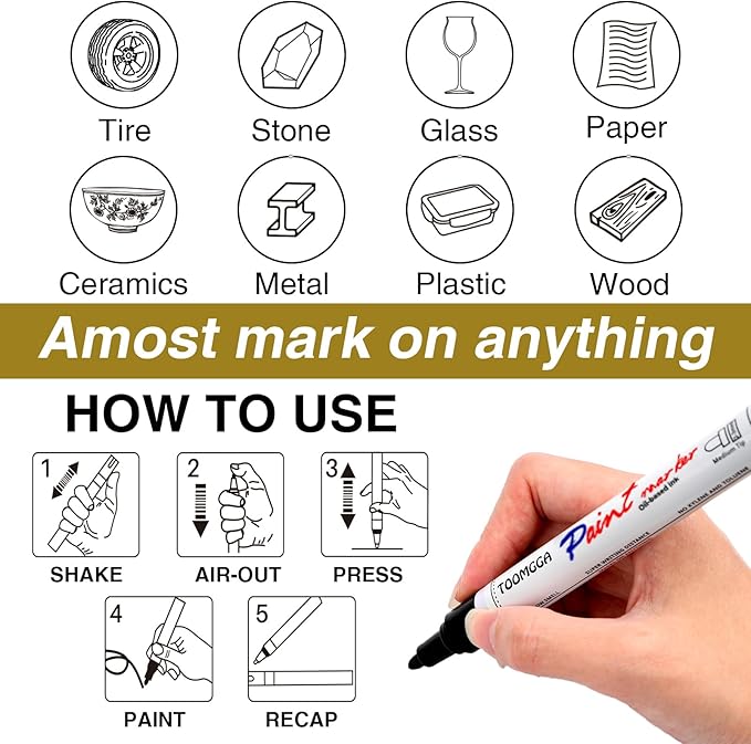 Silver Paint Pens Paint Markers - 6 Pack Permanent Markers Oil Based for Metal Wood, Pens for Metal, Car Tyre,Wood, Plastic, Rock Painting, Glass, Craft Supplies,Waterproof