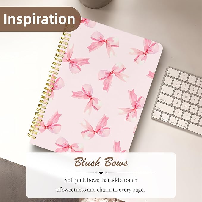 Cute Spiral Notebook journal B5 Aesthetic Pretty Design for Women Girls Kawaii with Pocket, 10 x 7.2 inch, Lined, Bow Tie-DeskLoop Office