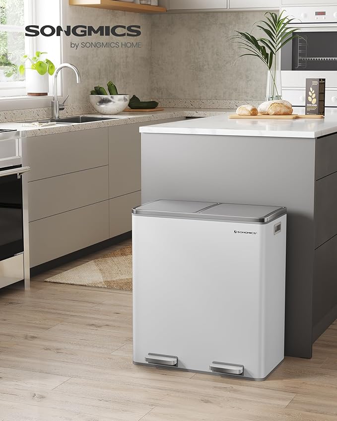 SONGMICS Trash Can, 2 x 8 Gallon (2 x 30 L) Garbage Can for Kitchen, with 15 Trash Bags, 2 Compartments, Plastic Inner Buckets and Hinged Lids, Airtight, White and Gray ULTB60WT-DeskLoop Office