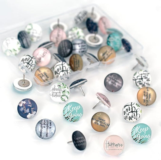 24Pcs Decorative Push Pins,Decorative Thumb Tacks for Bulletin Board, Cork Board Thumbtacks,Photos Wall Maps,Cute Thumbtack for Cubicle Decor,Classroom Supplies and Office Decor(Motivational-Happy)-DeskLoop Office