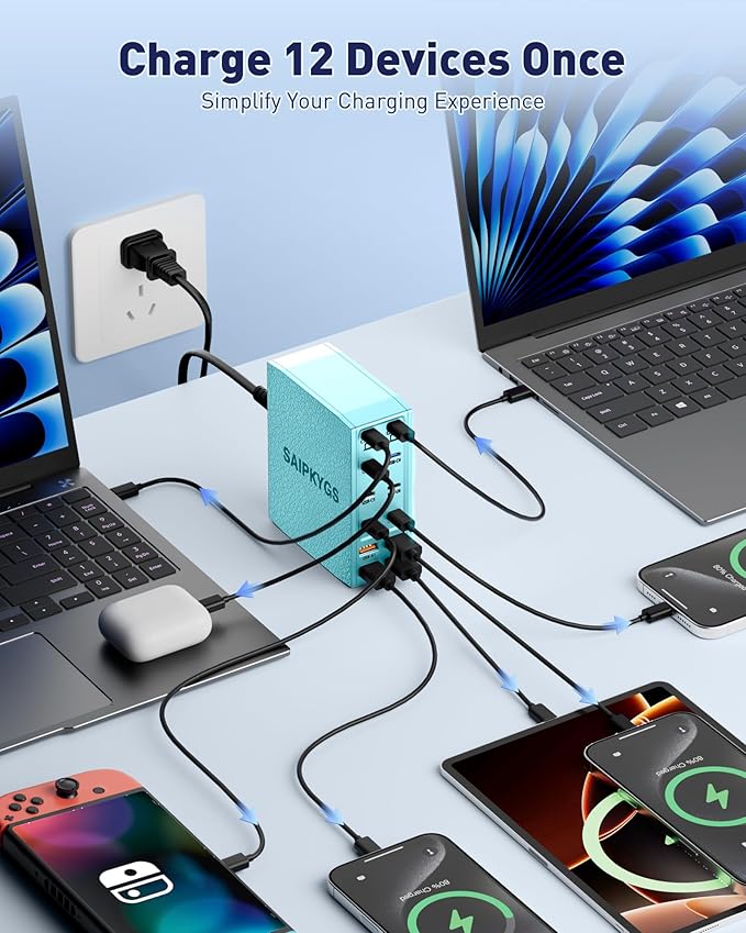 Charging Station (600W),12-Port USB C Charger Block with Dual 100W PD USB-C Fast Charging Station Hub for MacBook Pro/Air/All iPad iPhone 17/16 15/14/13/Pro Max/Samsung Galaxy Note(Green)-DeskLoop Office