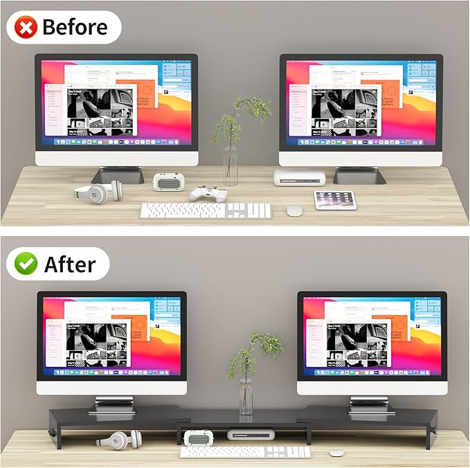 Pholiten Dual Monitor Stand Riser for 2 Monitors,Desktop Monitor Stand with Adjustable Length and Swivel Angles, Extra Long Multifunctional Stand up to 48.2" fit Computer Laptop Printer Max 44 lbs