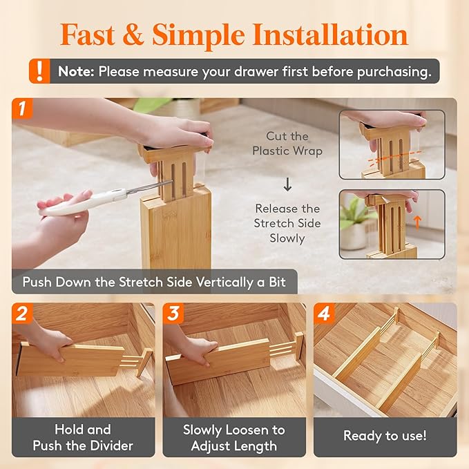 Lifewit 8 Pack Drawer Dividers Bamboo 4" High, 12-17" Adjustable Drawer Organizers for Clothes, Expandable Dresser Separators in Bedroom/Bathroom/Kitchen/Fridge/Office Organization and Storage-DeskLoop Office