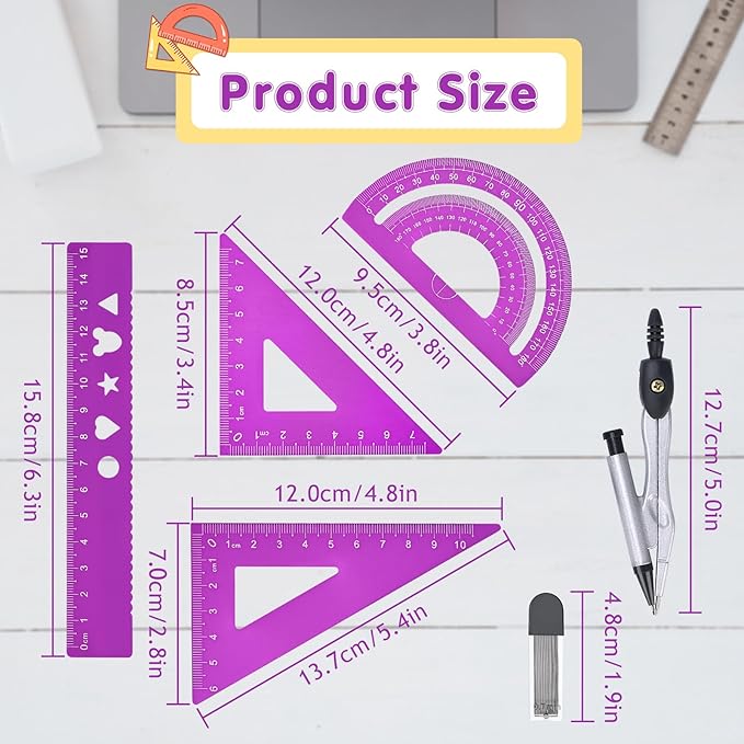 6 Pcs Metal Geometry Set, Math Geometry Kit, Metal Ruler Set and Compass Geometry Tool, Rulers Protractor and Compass Set for Student School and Drawings Supplies (Purple)-DeskLoop Office