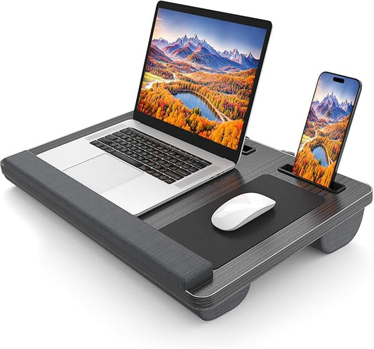Laptop Lap Desk, Portable Large Laptop Desk for Bed, Up to 17 Inch Lap Pad Tray with Wrist Rest, Mouse Pad, Tablet Phone Slot, Portable Handle, Cushion (Black)-DeskLoop Office