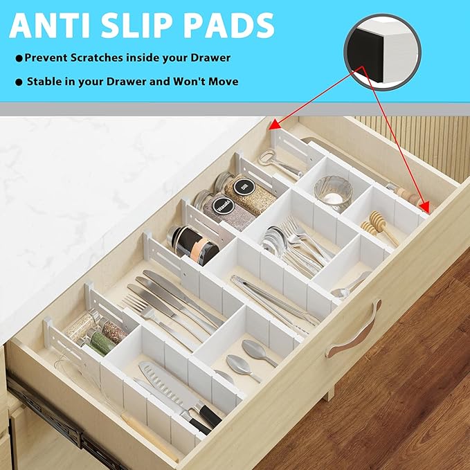 6 Pack Bamboo Drawer Dividers with 12 Inserts, Expandable Adjustable Clothes Drawer Organizers and Storage from 17" to 22" for Kitchen, Bedroom, Dresser, Cosmetics (White)-DeskLoop Office