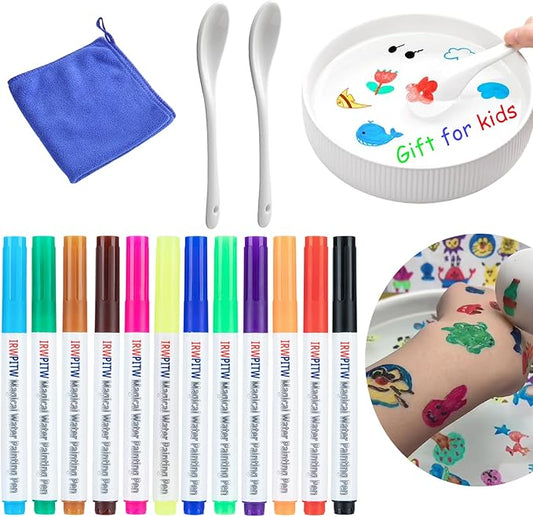 IRWPITW Magical Water Painting Pens for Kids, 12 Colors Magic Drawing Pen Bundle, Kiddies Create Magic Pen Floating Ink Drawings Set with Spoons and Towel, Tattoo Water Marker Gifts for Boys and Girls-DeskLoop Office