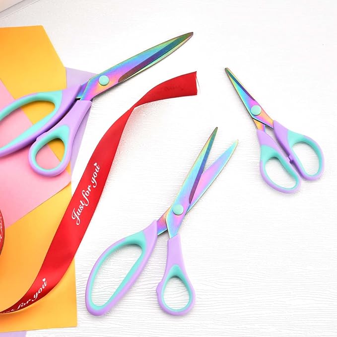 Craft Scissors Set of 3 pack, Sharp Rainbow Titanium Coating All Purpose Scissors, Ergonomic Semi-Soft Rubber Grip, Suitable for School, Office and Household Use, 9.2''/8.5''/5.6"-DeskLoop Office