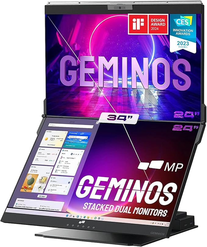 Mobile Pixels Geminos (2 x 24 inch) IPS Dual Stacked Computer Monitors with 65W USB-C Charging, 1080P Webcam&Speakers, All-Inclusive Workstation PC Monitor, USB-A/USB-C/HDMI, Ergo Design(2 Monitors)-DeskLoop Office