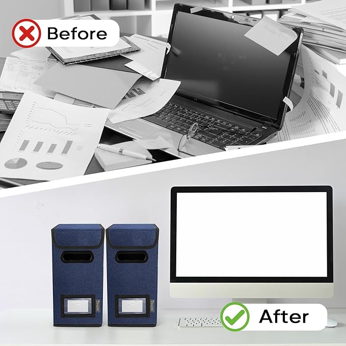 BALEINE File Organizer Box with Lid, Collapsible File Folder Organizer with Plastic Slide, Hanging File Folder Box for Office Document Storage (2 Pack, Blue, S)-DeskLoop Office