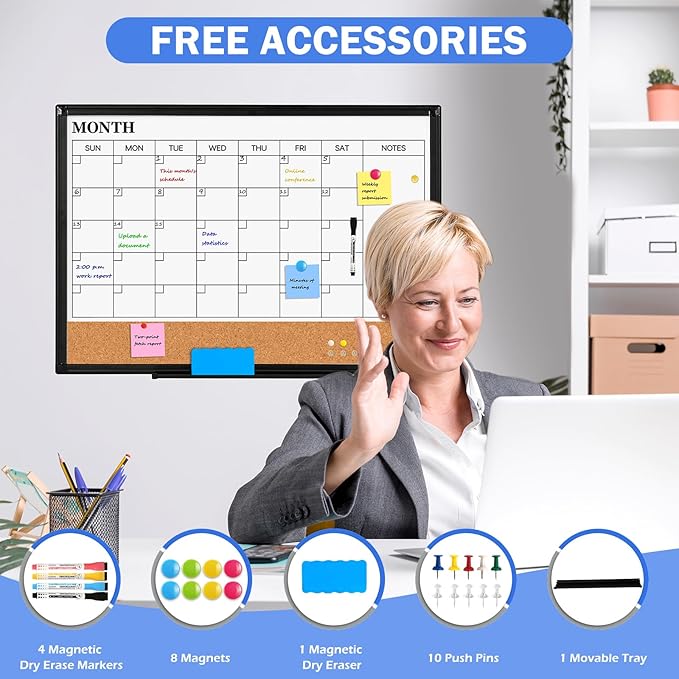 Monthly Calendar Whiteboard Dry Erase Cork Board Combo for Wall, 36" x 24" Magnetic Double-Sided Calendar White Board and Bulletin Board, Portable Board for Office, Kitchen, School, Home-DeskLoop Office