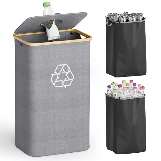 SpaceAid Recycling Bin for Kitchen 26 Gallon, 100L Recycle Bin with Lid and 2 Reusable Inner Bags, for Bottle Can Glass Plastic Stickers, Grey-DeskLoop Office