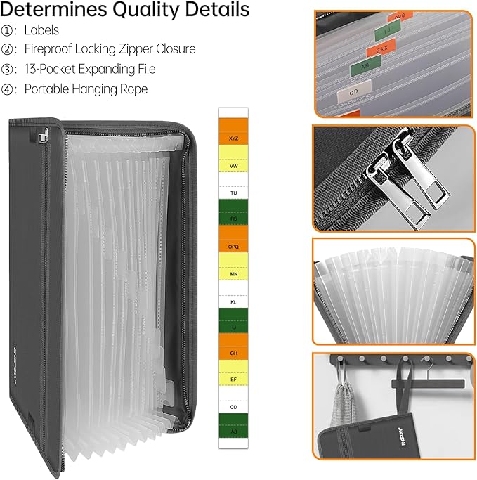 ENGPOW Accordion File Organizer,Fireproof 13 Pockets Expanding File Folder,Document Organizer Folder with Zipper&Labels,Portable Home Travel Safe Storage for Letter A4 Files and More,Gray-DeskLoop Office