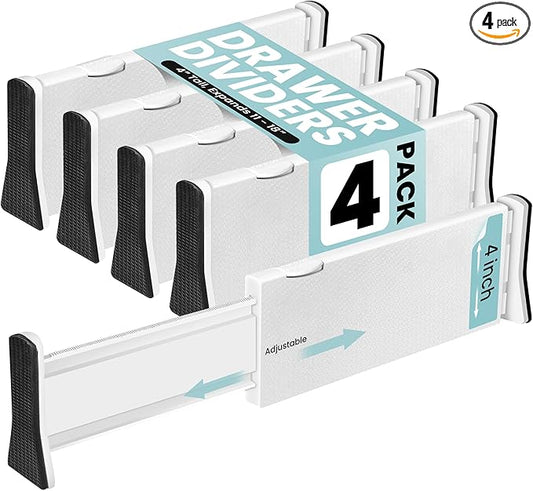 RAPTUROUS Adjustable Drawer Dividers 4 Pack, 4” High, 11-17” Long, Dresser Drawer Divider for Bedroom, Closet, Kitchen, Nursery Organization, Office, Strong & Sturdy Hold, Soft Foam Edges(White)-DeskLoop Office