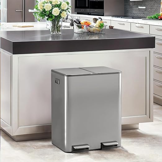PayLessHere Trash Can, 16 Gallon (2x8G) 60 Liter Rectangular Trash Cans Stainless Steel Step Trash Can with Inner Buckets and Hinged Lids, Suitable for Kitchen Office Home Use,Silver-DeskLoop Office