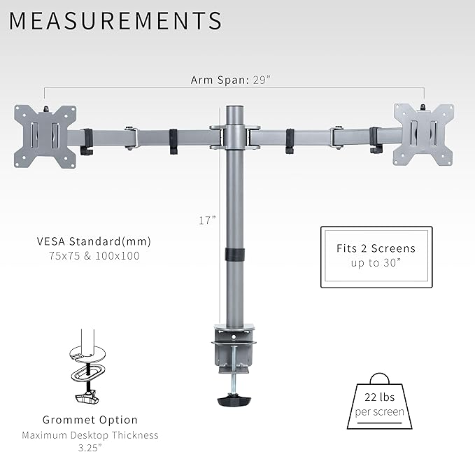 VIVO Dual Monitor Desk Mount, Heavy Duty Fully Adjustable Steel Stand, Holds 2 Computer Screens up to 30 inches and Max 22lbs Each, Gray Color, STAND-V002-GY-DeskLoop Office