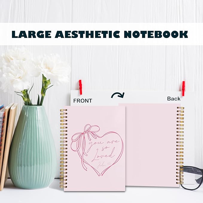 BearCake Coquette Pink Bow Christian Notebook Journal, Christian Gifts for Women, You Are So Loved Bible Journaling Prayer for Women, Preppy Aesthetic Hardcover Spiral Notebook 5.5x8.3-DeskLoop Office