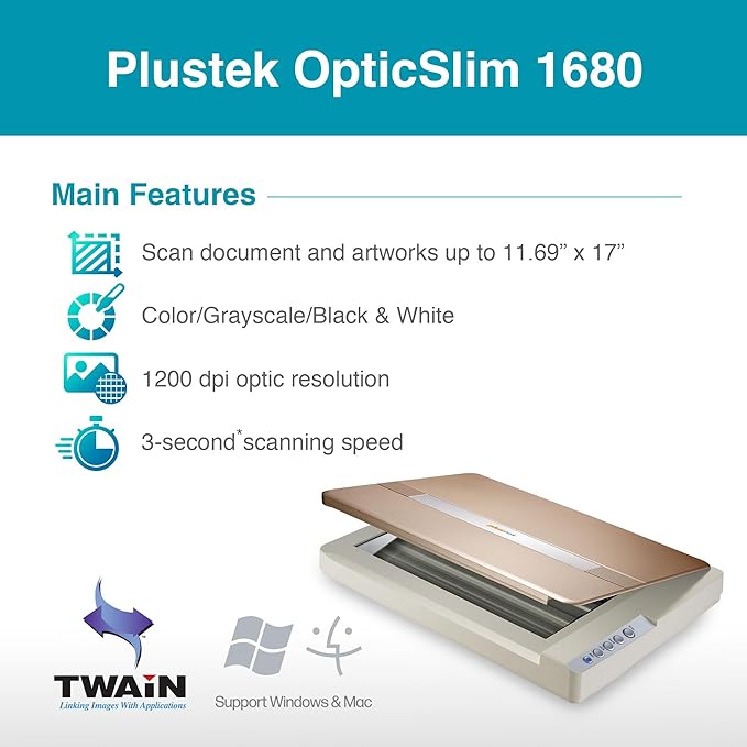 Plustek OpticSlim 1680 - High Speed Large Format Flatbed Scanner, scan Tabloid Size in 3 Seconds. Dual View Function Enable You to Quickly Check The Image Adjustment Effect-DeskLoop Office