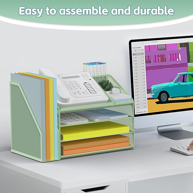 DocNest 4 Tier Paper Letter Tray File Organizer, Mesh Desk File with Handle, Workspace Desk Organizers with Pen Holder, Office Organization Storage Accessories - Green-DeskLoop Office