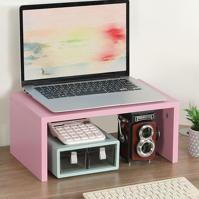 TEAMIX Pink Monitor Stand Riser-6.7 inch, Wood Higher Monitor Riser with Storage for Desk, Laptop Riser Computer PC Stand for Desktop Workspace Home Office(Pink-Higher)-DeskLoop Office