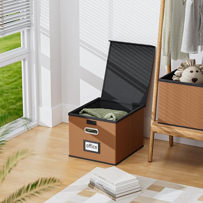 Huolewa File Organizer Boxes with Lids, Collapsible Faux Leather Hanging File Folder Box Organizer with Plastic Slide, Decorative Home/Office Filing System Boxes for File and Folders Storage-DeskLoop Office