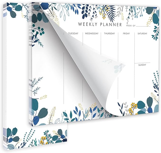 Weekly Planner Notepad Tear Off Set of 2 Weekly Calendar Pad 52 Undated To Do List Notepad Sheets Desk Planner Planning Pads Productivity Tracker for Work Goals Notes Schedule Ideas, Floral Blue-DeskLoop Office