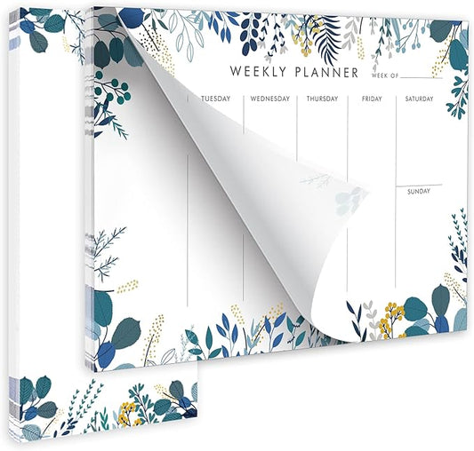 Weekly Planner Notepad Tear Off Set of 2 Weekly Calendar Pad 52 Undated To Do List Notepad Sheets Desk Planner Planning Pads Productivity Tracker for Work Goals Notes Schedule Ideas, Floral Blue-DeskLoop Office