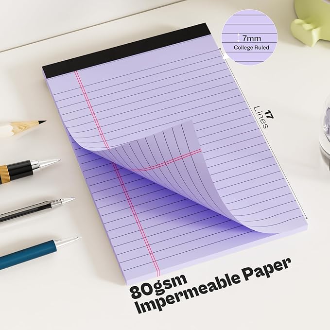 4 Pack Note Pads 5 x 8 Inch Purple Small Legal Pads 5 x 8 Colored Notepad 5 x 8 Perforated Writing Pads Lined Paper Pads College Ruled Pad Paper 30 Sheets Notebook for Study, To-Do Lists, Office-DeskLoop Office