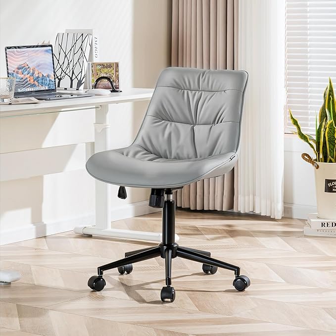 Kidol & Shellder Faux Leather Office Chair, Adjustable Swivel Height Task Chair, Rolling Wheels & Soft Backrest - Armless Ergonomic Desk Chair for Home, Office,Vanity,Gaming(Gray)-DeskLoop Office