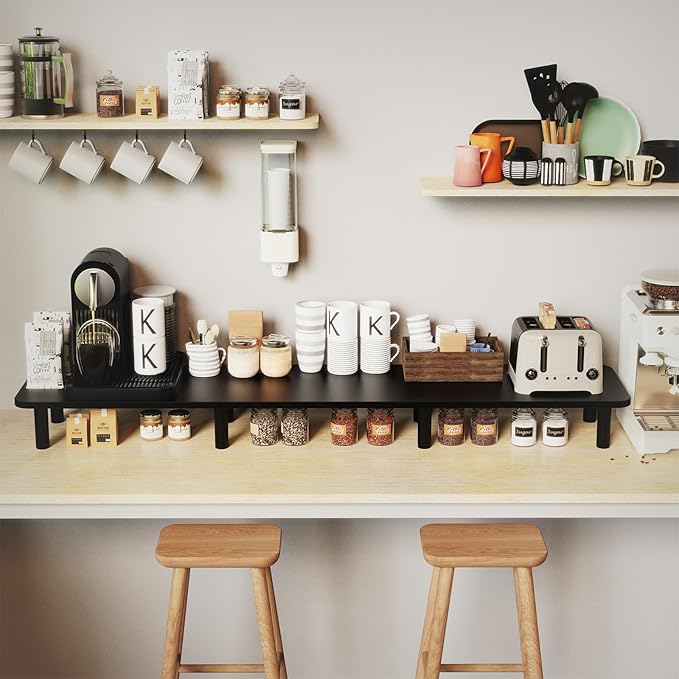 43.7" Extra Long Dual Monitor Stand Riser, Wood & Steel Monitor Stand for 2 Monitors, Wide TV Stand, Desktop Riser for Desk Organization, Home Office,Laptop,Printer,TV (Black)-DeskLoop Office