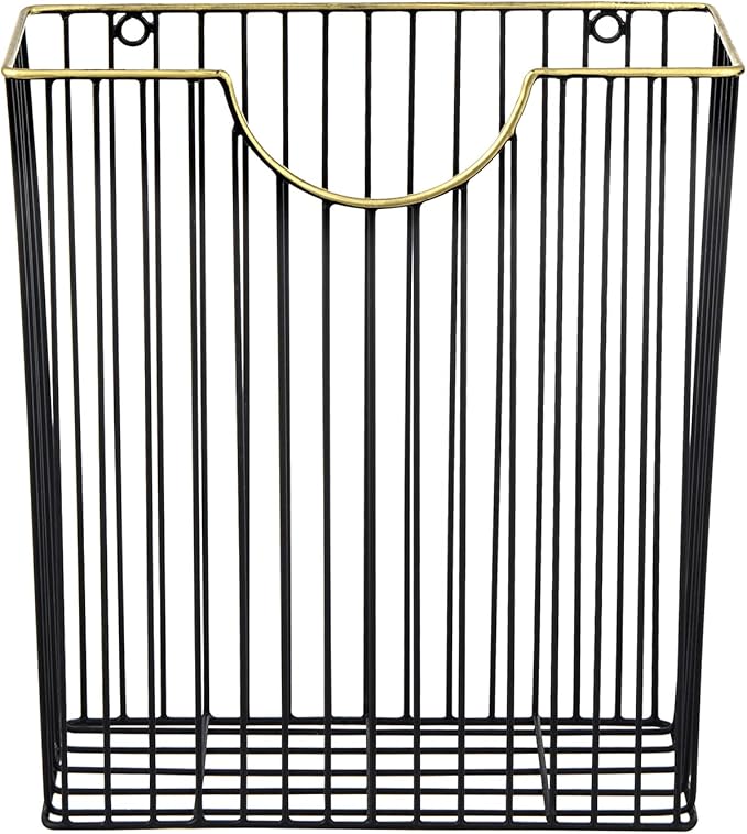 MyGift Art Deco Style Matte Black Metal Wire Magazine Rack with Brass Tone Rim - Wall Mounted Holder Storage Basket for Mail - Handcrafted in India-DeskLoop Office