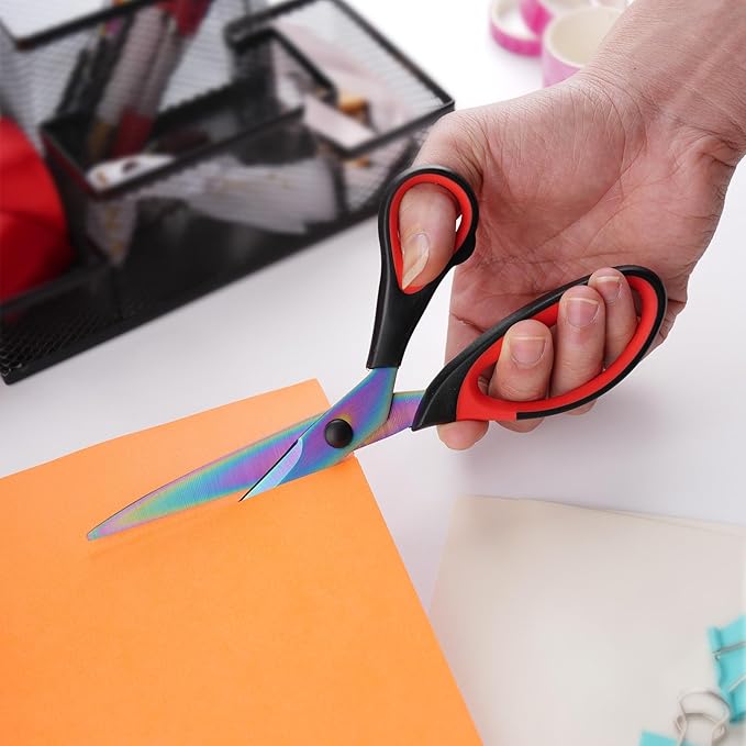 Craft Scissors Set of 3 Pack, All Purpose Sharp Titanium Blades Shears, Comfort Grip Handle, Multipurpose Fabric Scissors Tool Great for Adults, Office, Sewing, School and Home Supplies, Red&Black-DeskLoop Office