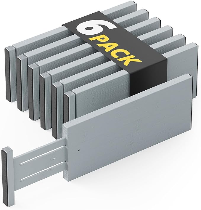 SpaceAid Bamboo Dresser Drawer Dividers 6 Pack, 4.65“ High Adjustable 12.5“-17” Drawer Organizers, Expandable Organization for Clothing, Clothes, Dressers, Gray-DeskLoop Office