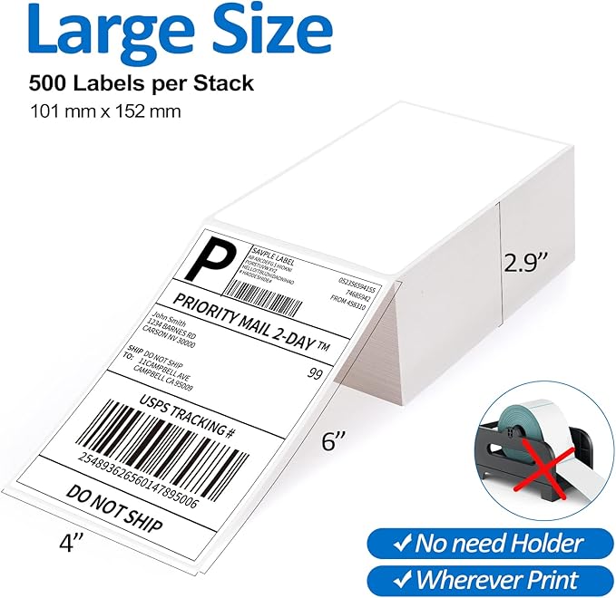 1000 Fanfold 4"x6" Direct Thermal Shipping Address Labels, (500 Labels/Stack) Paper Label for Direct Thermal Printer MUNBYN, JADENS, BEEPRT, ASprink, Nelko, Phomemo, for UPS USPS-DeskLoop Office