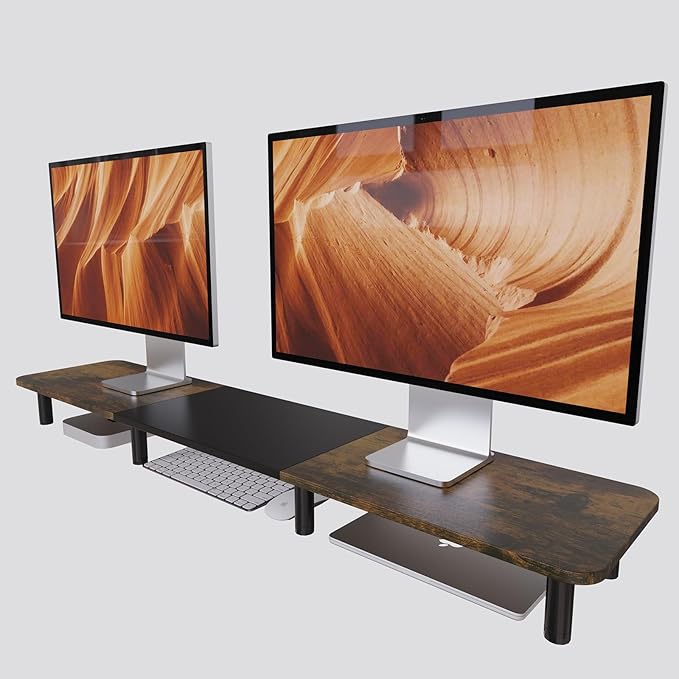 43.7" Extra Long Dual Monitor Stand Riser, Wood & Steel Monitor Stand for 2 Monitors, Wide TV Stand, Desktop Riser for Desk Organization, Home Office、Laptop,Printer,TV (Vintage black)-DeskLoop Office