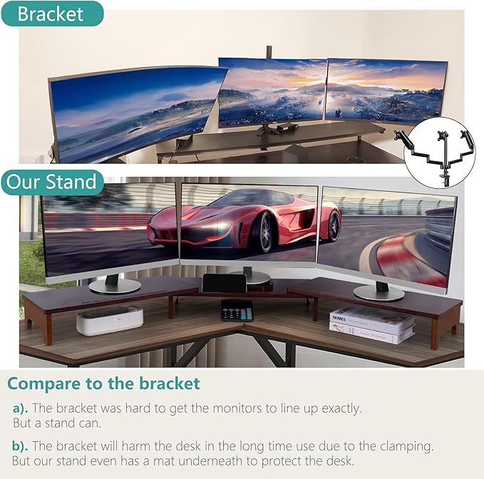 Nnewvante Monitor Stand Riser, Upgrade Height Large TV Riser, 60 inch Large Bamboo Dual Monitor Stand for Desk, 3 Shelves Desktop Screen Riser with Adjustable Length Angle for Computer Laptop Walnut-DeskLoop Office