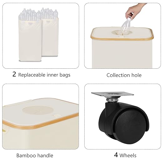 Recycling Bin for Kitchen, Indoor Home Recycle Bins with Wheel, 29 Gallons Large Recycling bin with 2 Removeable Reusable Inner Bags, for Bottles Cans Glass Plastice Cartons(Beige)-DeskLoop Office