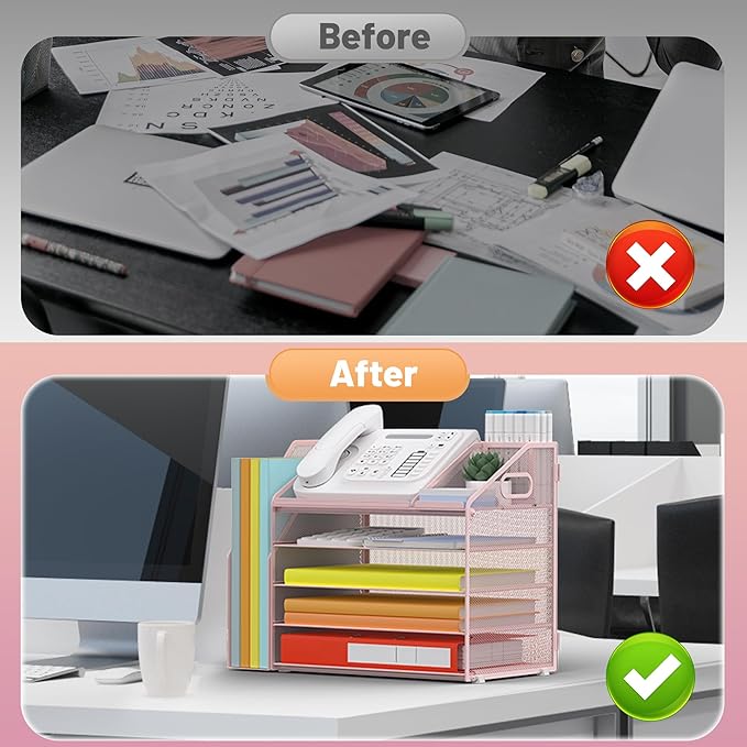 DocNest 5 Tier Paper Letter Tray File Organizer, Mesh Desk File with Handle, Workspace Desk Organizers with Pen Holder, Office Organization Storage Accessories - Pink-DeskLoop Office