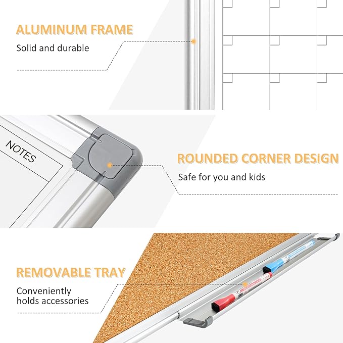 Dry Erase Calendar Whiteboard for Wall, 24"x18" Magnetic Monthly White Board Cork Board Combo, Double Sided, Aluminum Frame, Wall Hanging Wipe Board for Home, Office, School, Dorm-DeskLoop Office