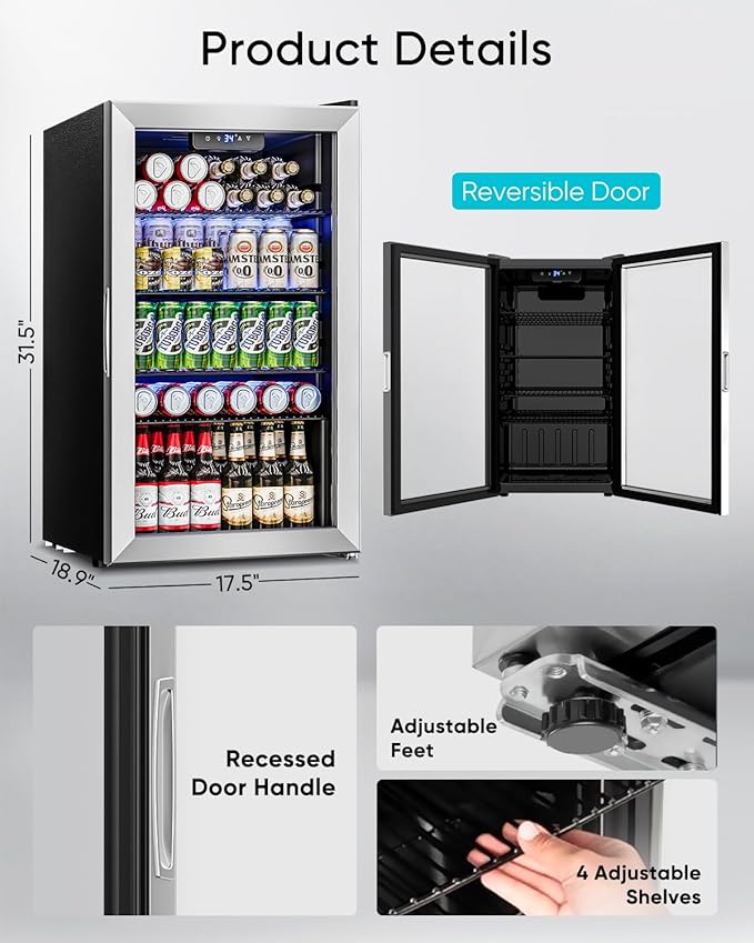 Beverage Refrigerator Cooler - 126 Can Mini Fridge Glass Door for Drinks Soda Beer Wine - Small Refrigerator for Office Bedroom Home Bar, 4 Adjustable Shelves, 3.2 Cu.Ft, Silver-DeskLoop Office