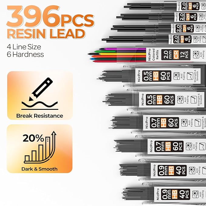 Nicpro 22PCS Art Mechanical Pencil Set, Black Artist Metal Drafting Pencil 0.5 & 0.7 & 0.9 mm & 2PCS 2mm Graphite Lead Holder(4B 2B HB 2H) for Drawing Writing Sketching With Lead Refills Erasers Case-DeskLoop Office