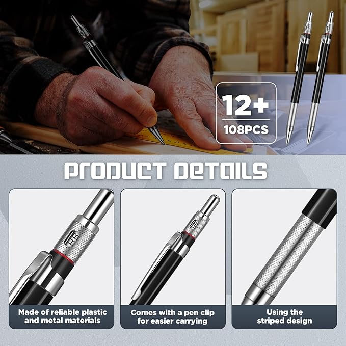 Nezyo 12 Pieces Welder Pencil with 108 Pieces Round Refills Mechanical Metal Pencil Marker with Built in Sharpener Pen for Construction Workers, Metal Work, Plumbers, Framers-DeskLoop Office