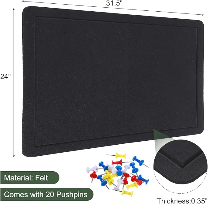 YOKIVE Felt Bulletin Board, 31.5 x 24 -Inch Foldable Decorative Pin Board Self Adhesive Felt Cork Board with 20 Pushpins, Great for Wall, Photo Display, Paste Note, Schedule(Black)-DeskLoop Office