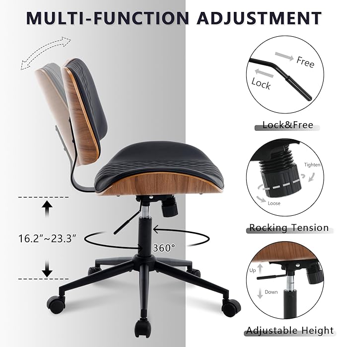 Home Office Chair No Arms with Wheels, Adjustable Height Small Desk Chair, PU Leather Mid Back 360 Swivel Computer Chair, Armless Modern Walnut Chair for Office, Reading Meeting Room(Black)-DeskLoop Office