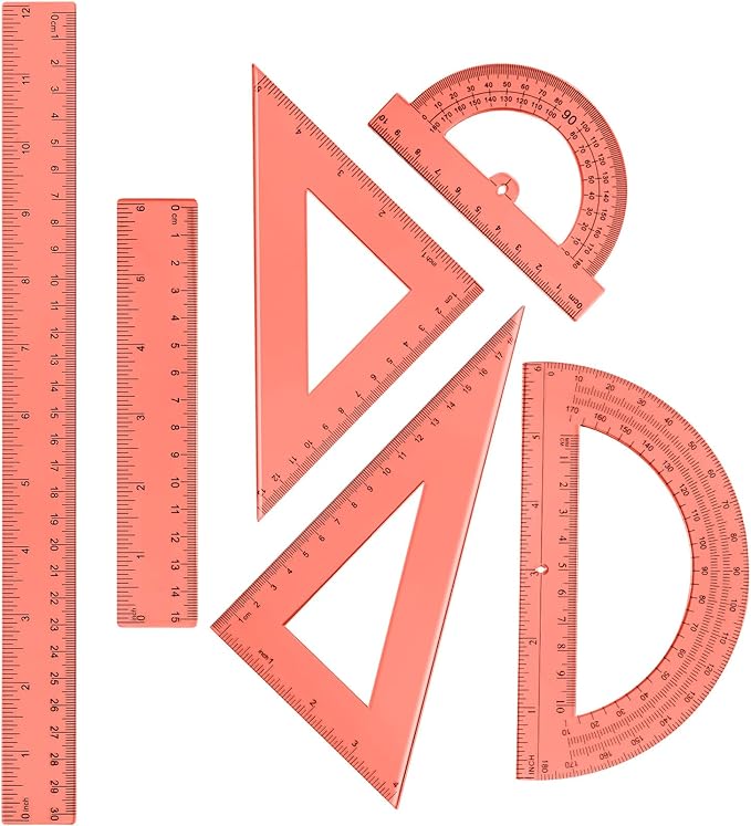 Tenare 6 Pcs Plastic Ruler Math Set Includes 12 Inch 6 Inch Straight Protractor Triangle Geometry Transparent Math Ruler Measuring Tools for School Office Home (Orange)-DeskLoop Office